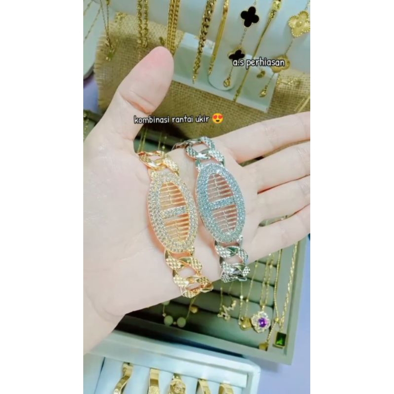 Gelang Titanium Sisik Naga Kombinasi Plat Permata