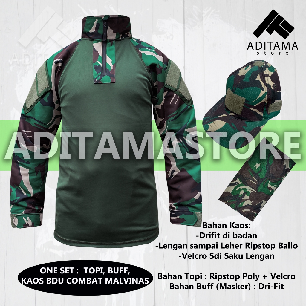 Satu Set Baju Kaos BDU Combat Tactical Topi dan Buff Army Malvinas