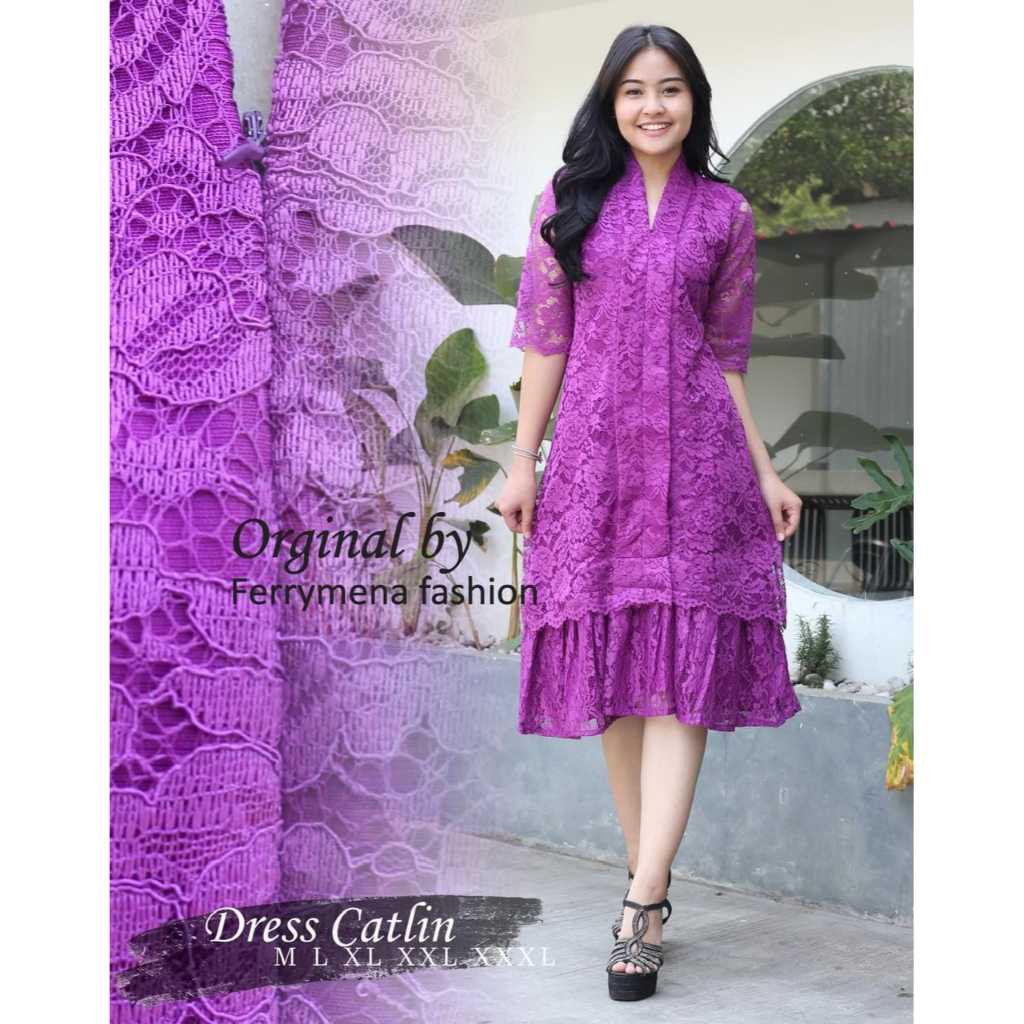 Dress Brokat Pendek Jumbo Catlin Terbaru / Baju Midi Dres Wanita Pesta High Quality