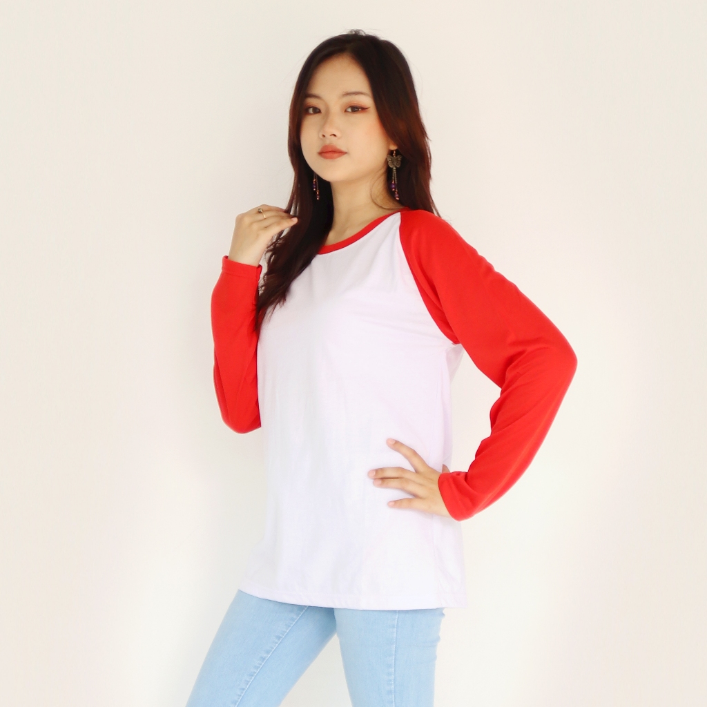 Dailystyle - Kaos Seragam Polos Raglan Wanita Lengan Panjang | Kaos Kerah Bulat Katun Merah Putih