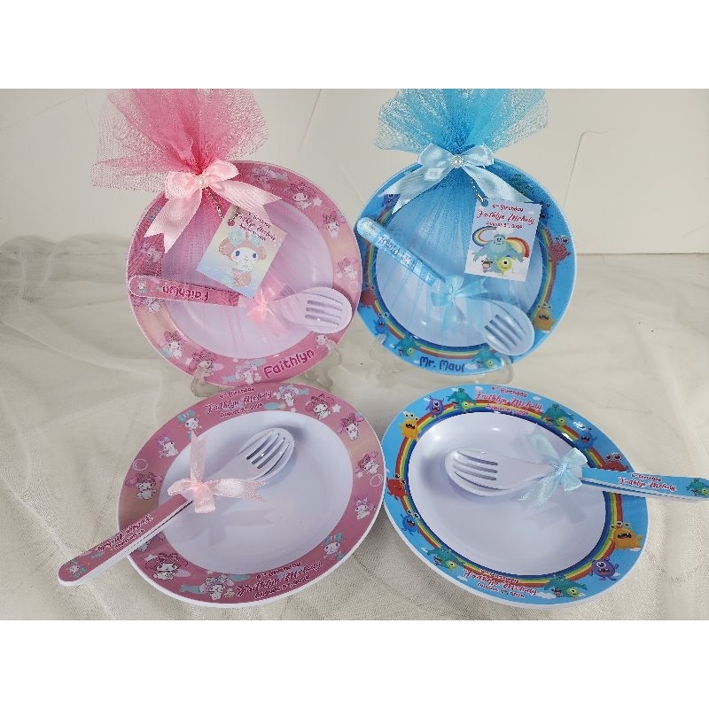 Piring+sendok garpu melamin pack tile (min 15pcs) souvenir ulang tahun, goodie bag ultah, hampers cu