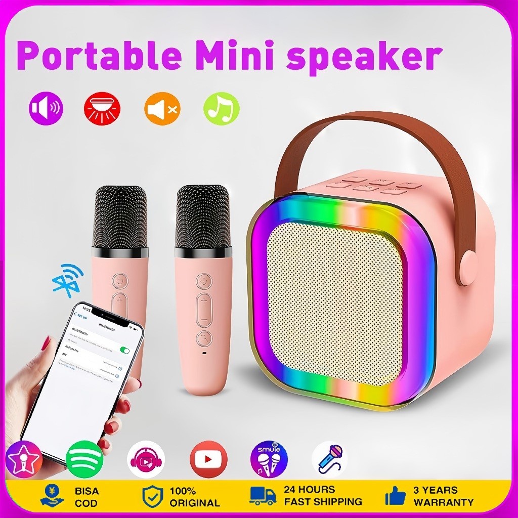 Speaker Bluetooth Mini Speaker K12 LED Light Wireless Speaker Karaoke Mini Super Bass + 1 Mic Set
