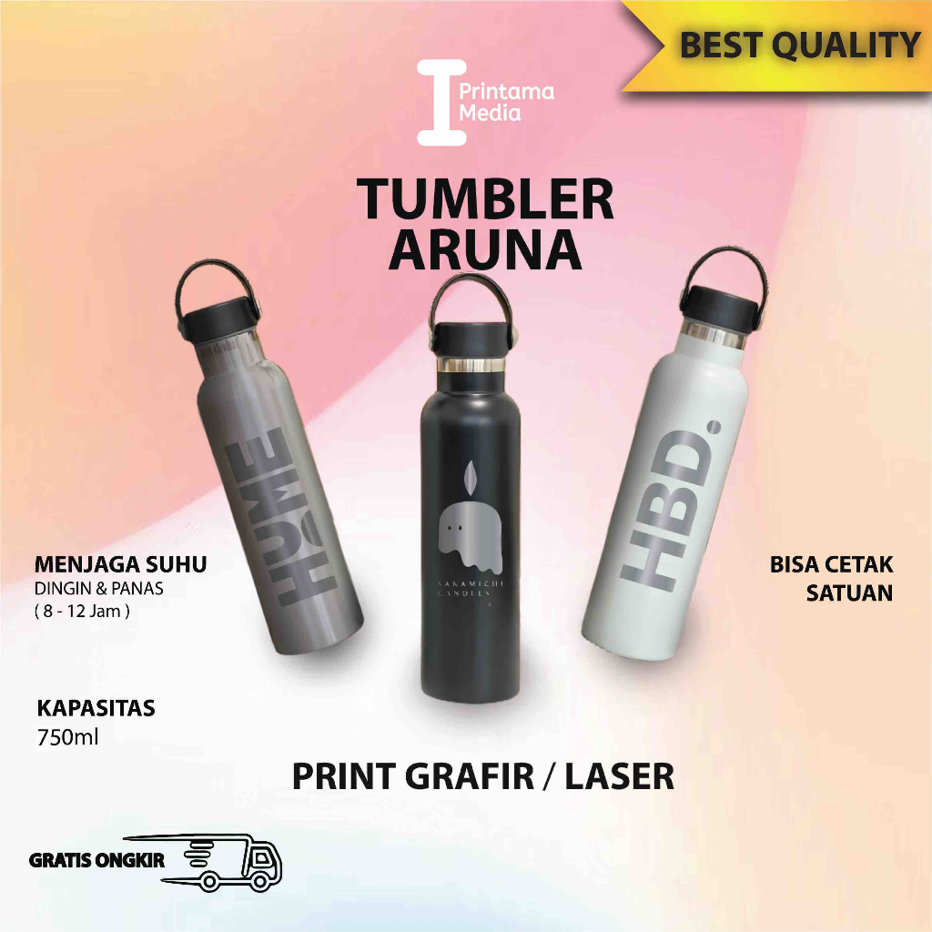 Tumbler Aruna 750ml Stainless Cetak Custom Laser Grafir Nama/Tulisan/Logo/Sovenir Promosi