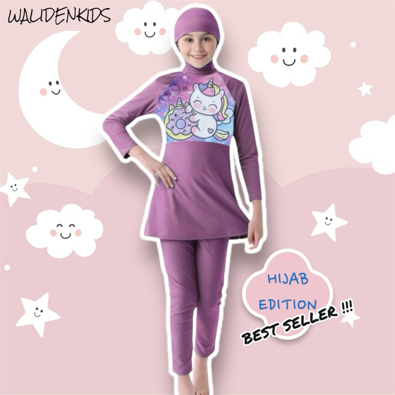 Baju Renang Anak Perempuan Hijab Muslim Unicorn Kuda Poni 1-12 Tahun