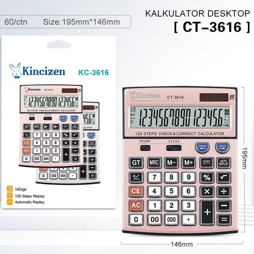 

Original KINCIZEN KC 3616 Calculator 16 Digit Check Correct Bisa Tenaga Surya Solar Power dan Baterai AA