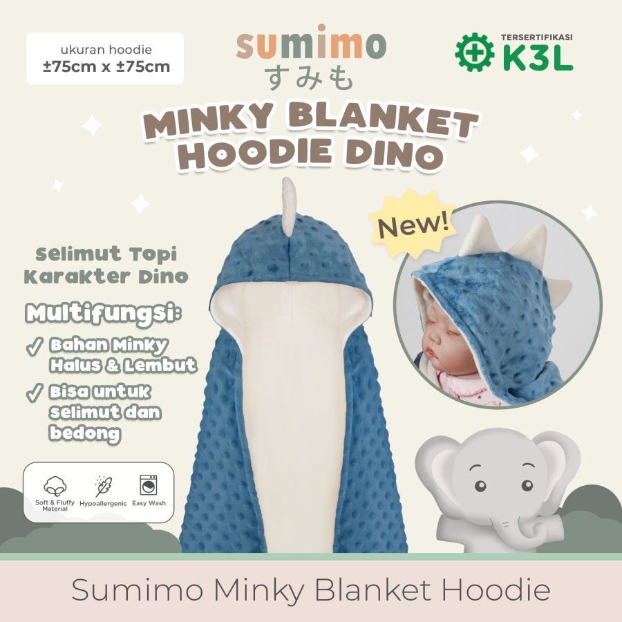 SUMIMO Minky Blanket Hoodie Dino River Blue / Selimut Topi