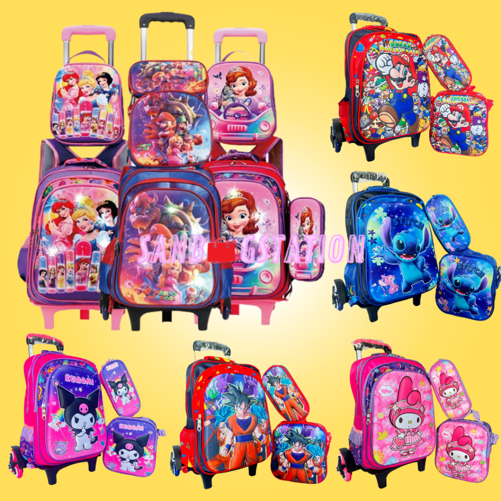 Tas Sekolah Anak Laki Perempuan SD Troli Ransel Bongkar Pasang 6 Roda Gemblok 3in1 Motif 3D Karakter