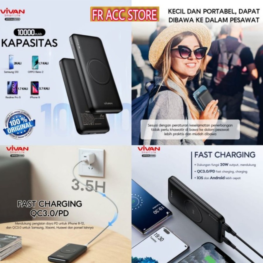 VIVAN Powerbank 10000 mAh VPBW11 Wireless 3 Output Fast Charging Powerbank Wireless Charging