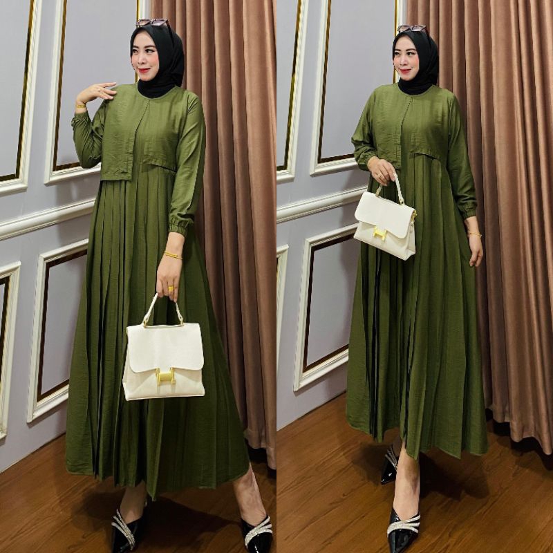 ELORA DRESS - Zelda Collection | Gamis Muslimah bahan Polo linen - Army
