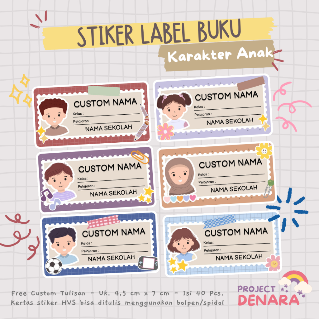 

40 Pcs Stiker Label Nama Buku Pelajaran Karakter