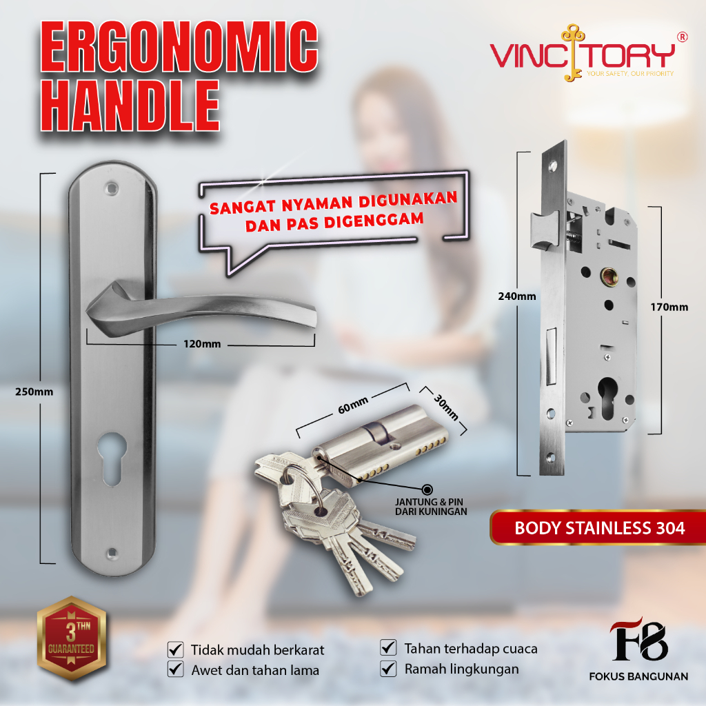Tivana Home Vincitory - Handleset Gagang Kunci Pintu Rumah Minimalis 25Cm Besar Kunci Pintu Rumah