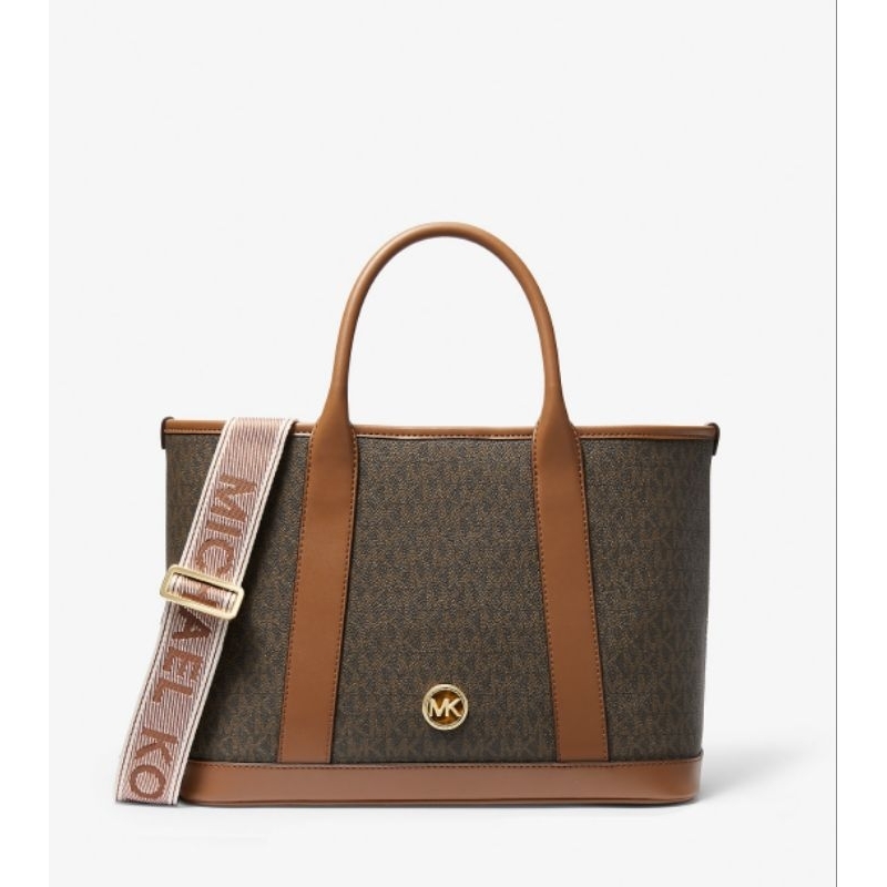 MK LUISA SMALL SIGNATURE LOGO SATCHEL BAG IN BROWN