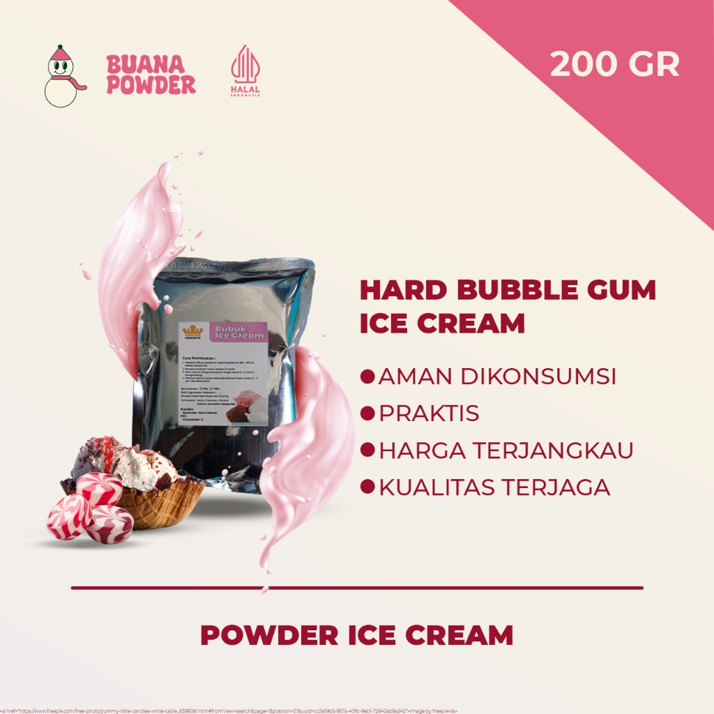 

BUANAPOWDER - BUBUK ES KRIM MURAH RASA BUBBLE GUM 200 gr / HARD BUBBLE GUM ICE CREAM POWDER