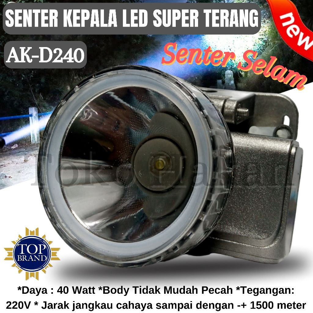 Senter Kepala Selam AOKI AK-D240 Senter Kepala 40 Watt Tahan Lama / Headlamp Selam Super Terang / Se