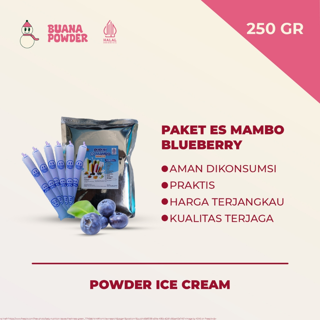 

BUANAPOWDER - PAKET BUBUK ES MAMBO BLUEBERRY / ES LILIN MAHKOTA 250 gr