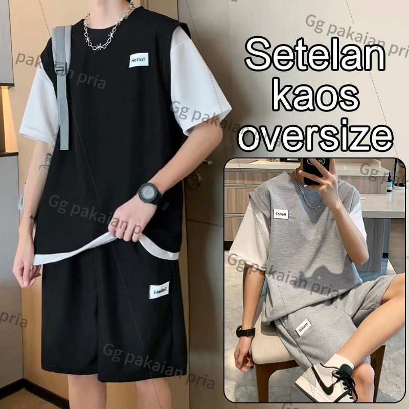 12H Kirim-Baju setelan pria 2025 korean style kaos oversize+celana pendek ootd one set pria hitam