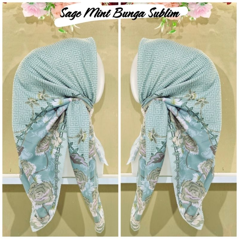Jilbab Segi Empat Voal Motif sage mint bunga sublim