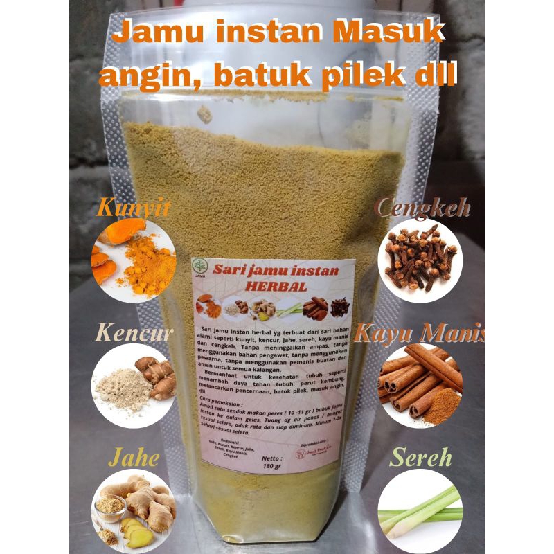 

Sari jamu instan mix kunyit, kencur, jahe, sereh, kayu manis, cengkeh