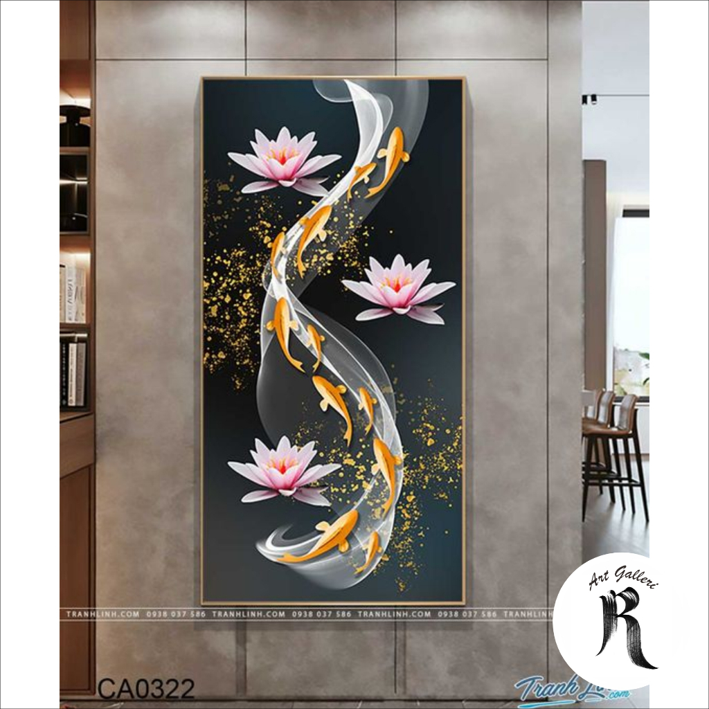 Lukisan ikan koi - lukisan ikan koi 9 ekor - lukisan kanvas ikan koi 9 ekor plus frame