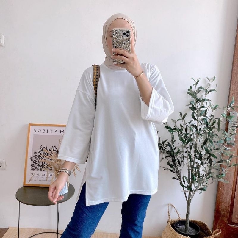 Marla Top warna putih polos atasan blouse oversize wanita bahan Kaos import fit to XXXL ukuran big s