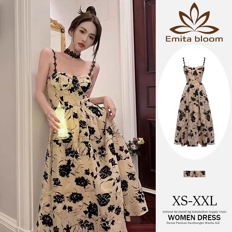 EMITA BLOOM baju midi dress tanpa lengan motif bunga aesthetic dress ke pantai wanita kekinian terba