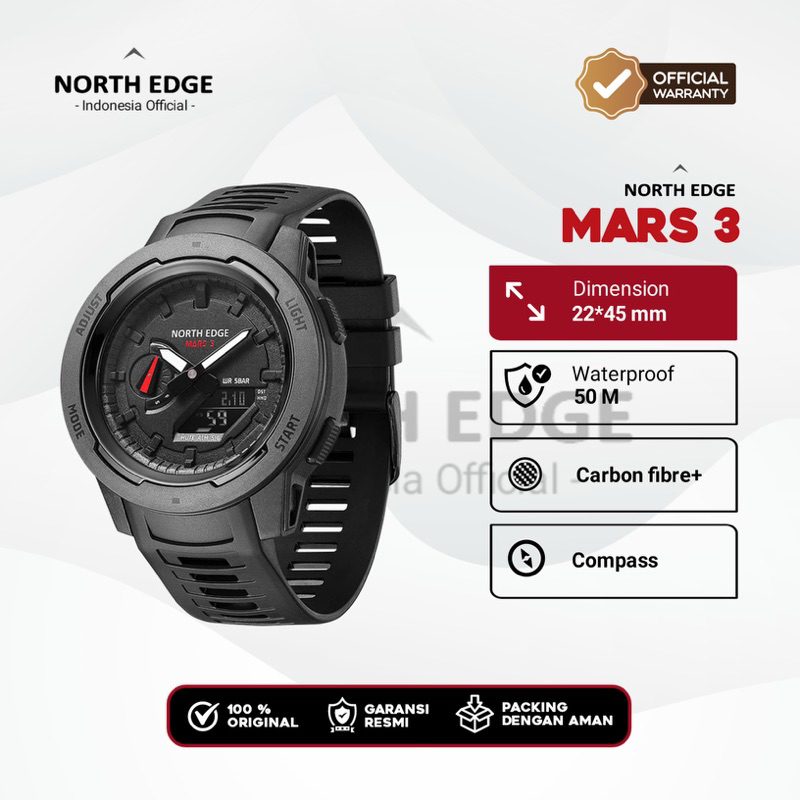 North Edge Mars 3 jam tangan militer pria, jam tangan Digital serat karbon tahan air 50M jam tangan 