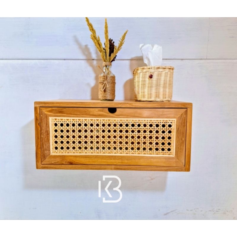 nakas gantung 1 laci aesthetic modern kayu jati kombinasi rotan