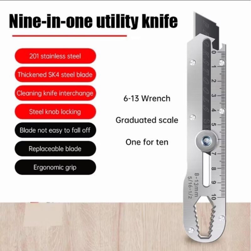 

Pisau Cutter Stainless 9IN1 Multifungsi / Pisau Cutter Stainless Besi 9in1 Cutter Stainless Pemotong Kertas Tajam Anti Karat /Pisau cutter stainless 9in1 kater tajam multifungsi pembuka tutup botol penggaris