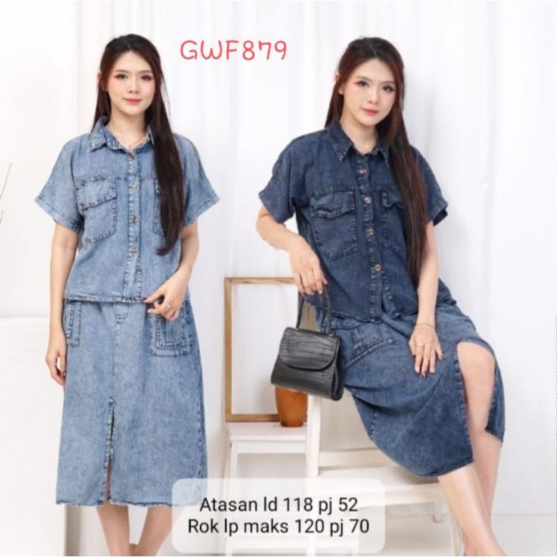 GWF879 Setelan Wanita jeans denim atasan Full kancing bawahan rok jeans lpmax120 pj70 slit tengah