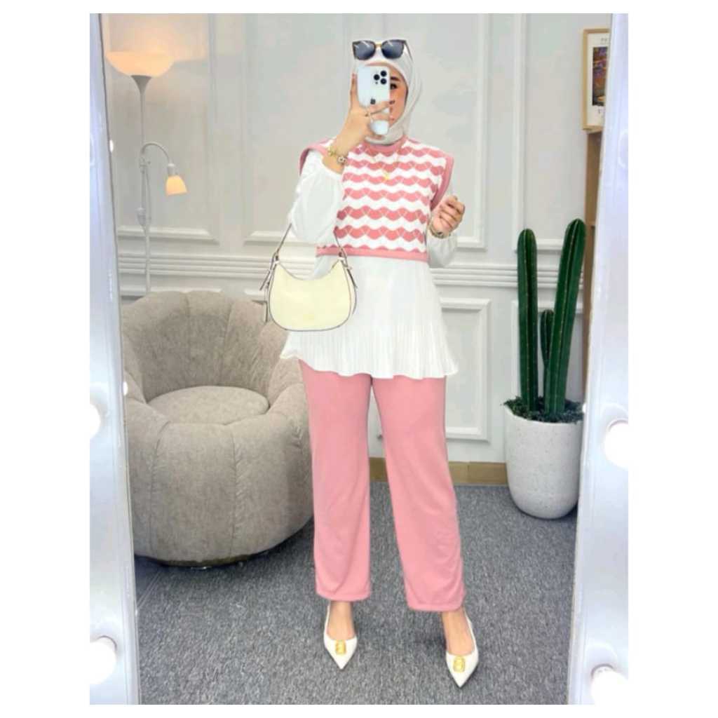 setelan muslim wanita kaos knit rajut import salur kombinasi terbaru