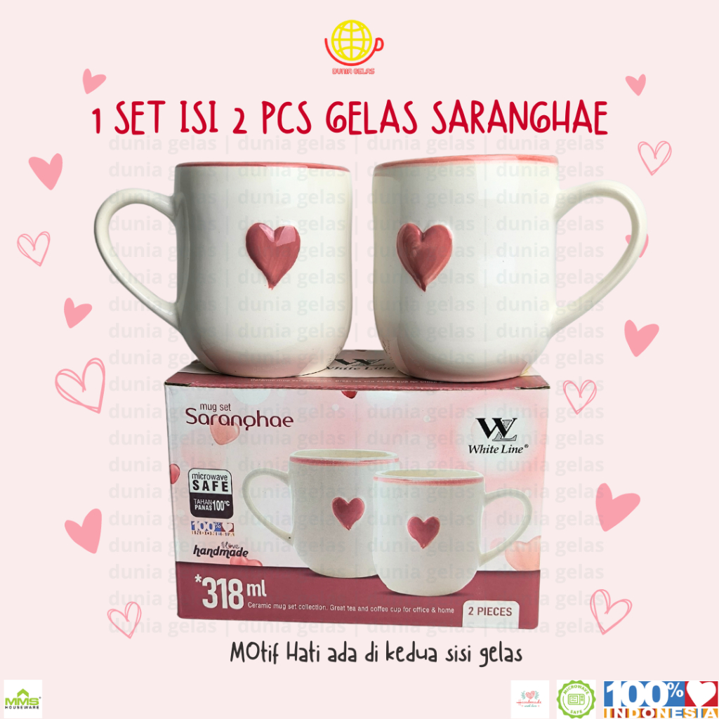 asad 1 Set isi 2 pcs Gelas Mug Saranghae 318 ml / Gelas Keramik Set / Gelas Kado / Cangkir Keramik