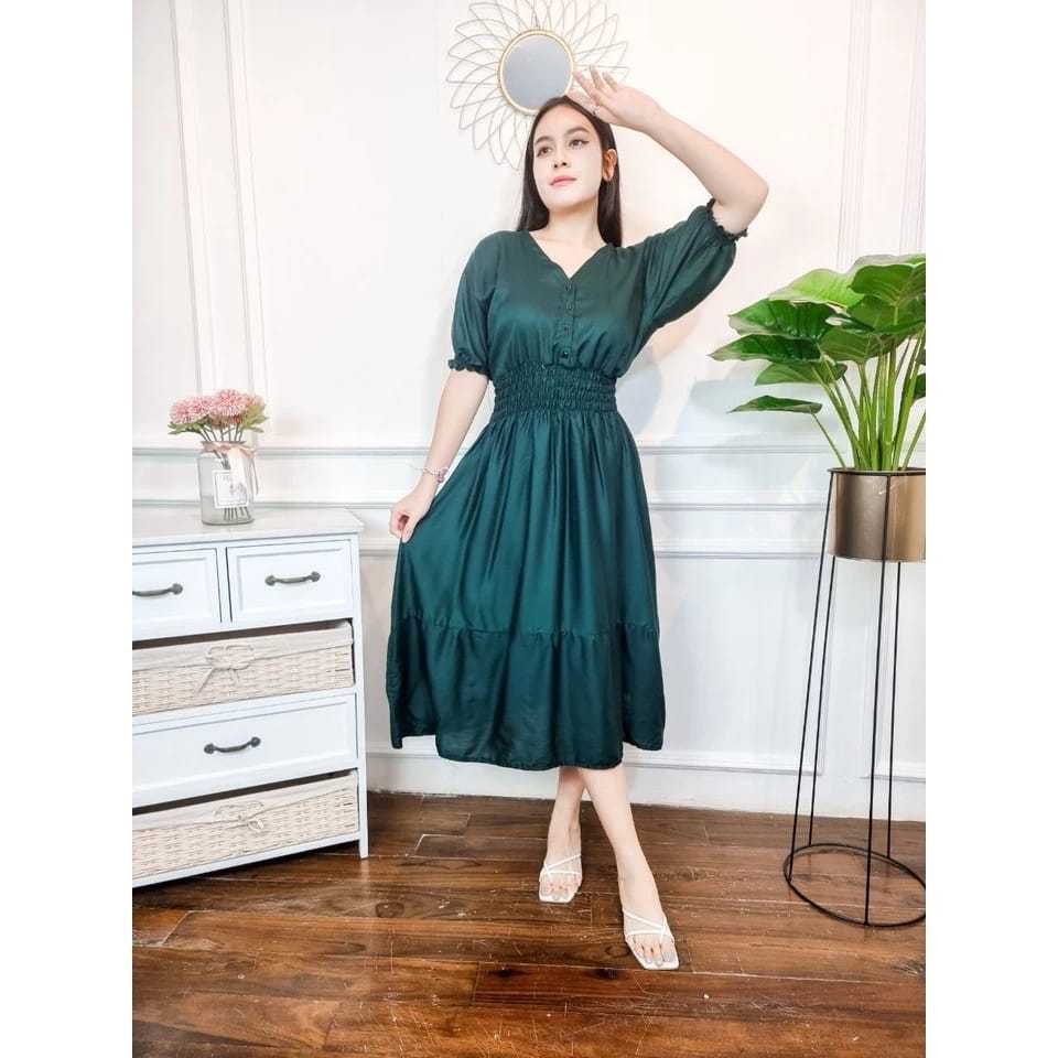 JENIE Dress wanita polos kancing depan tangan pendek bahan rayon