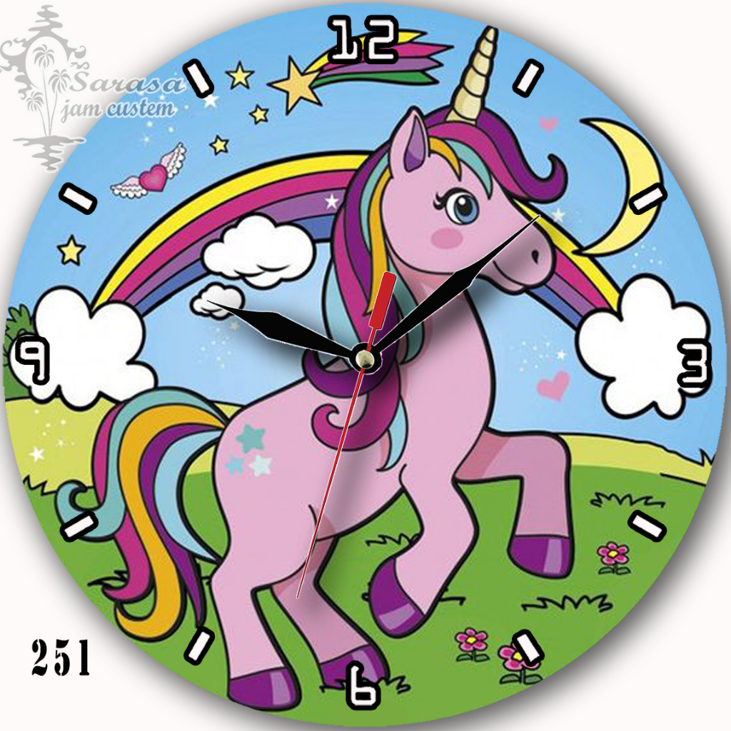 JAM DINDING CUSTOM KARAKTER KARTUN RAINBOW UNICORN KUDA PONI 251