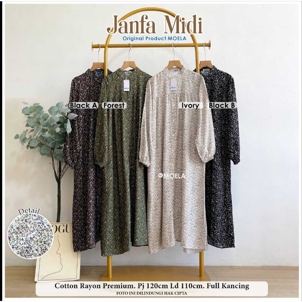 JANFA MIDI DRESS MURAH COTTON RAYON PREMIUM FULL KANCING HALUS ADEM NYAMAN BY MOELA