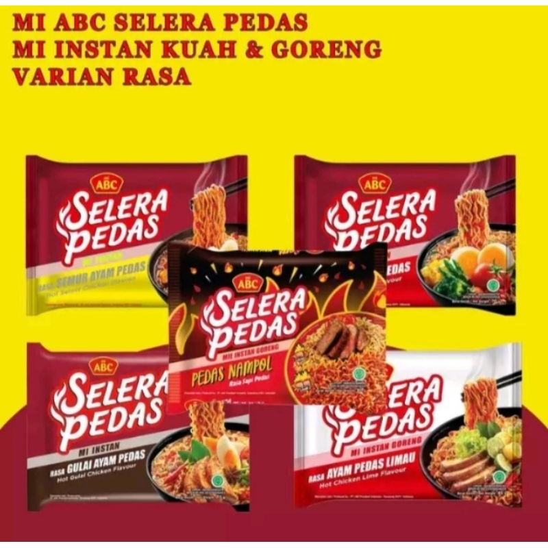 

Mie abc Selera Pedas | Mie instan goreng & kuah | Varian rasaMie ABC Selera Pedas tersedia berbagai macam rasa