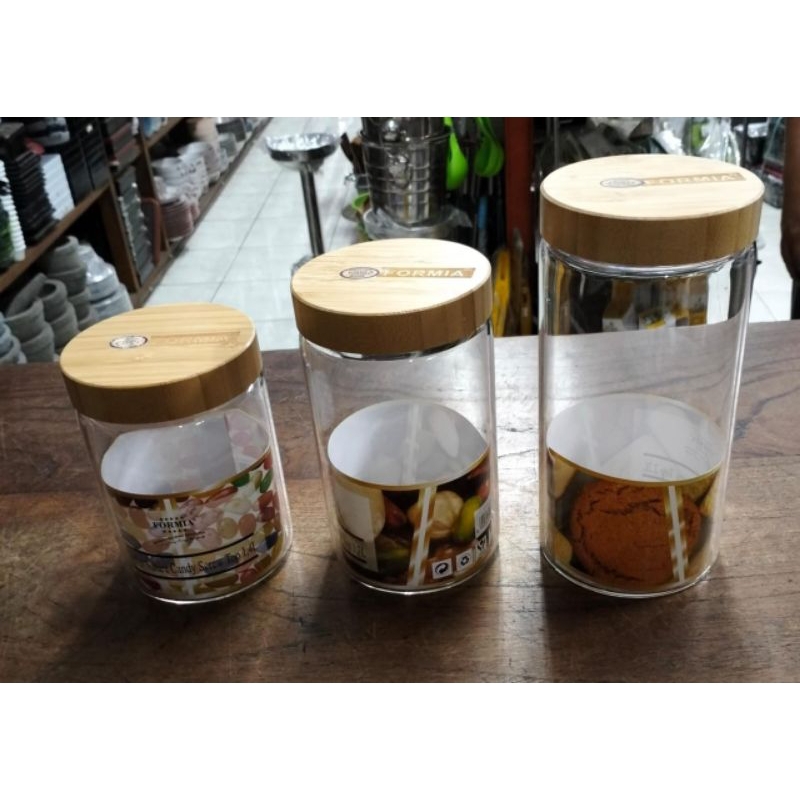 Formia Stoples Toples  Nature Round Candy Jar Screw Wooden Lid  / Stoples Kaca Bulat Tutup Kayu 1,4L