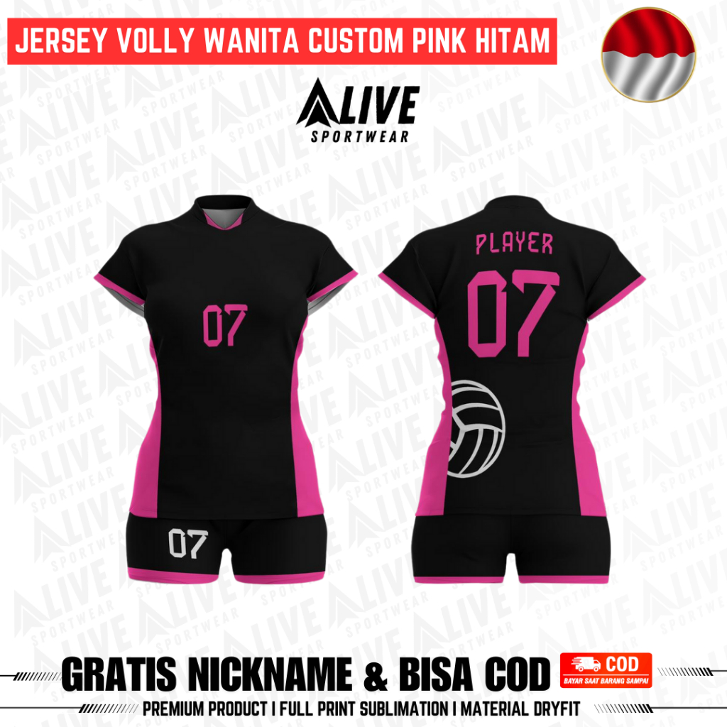 Baju Voli Wanita Costume Pink Hitam Gratis Pasang Nama+Nomor Punggung+Nama Team