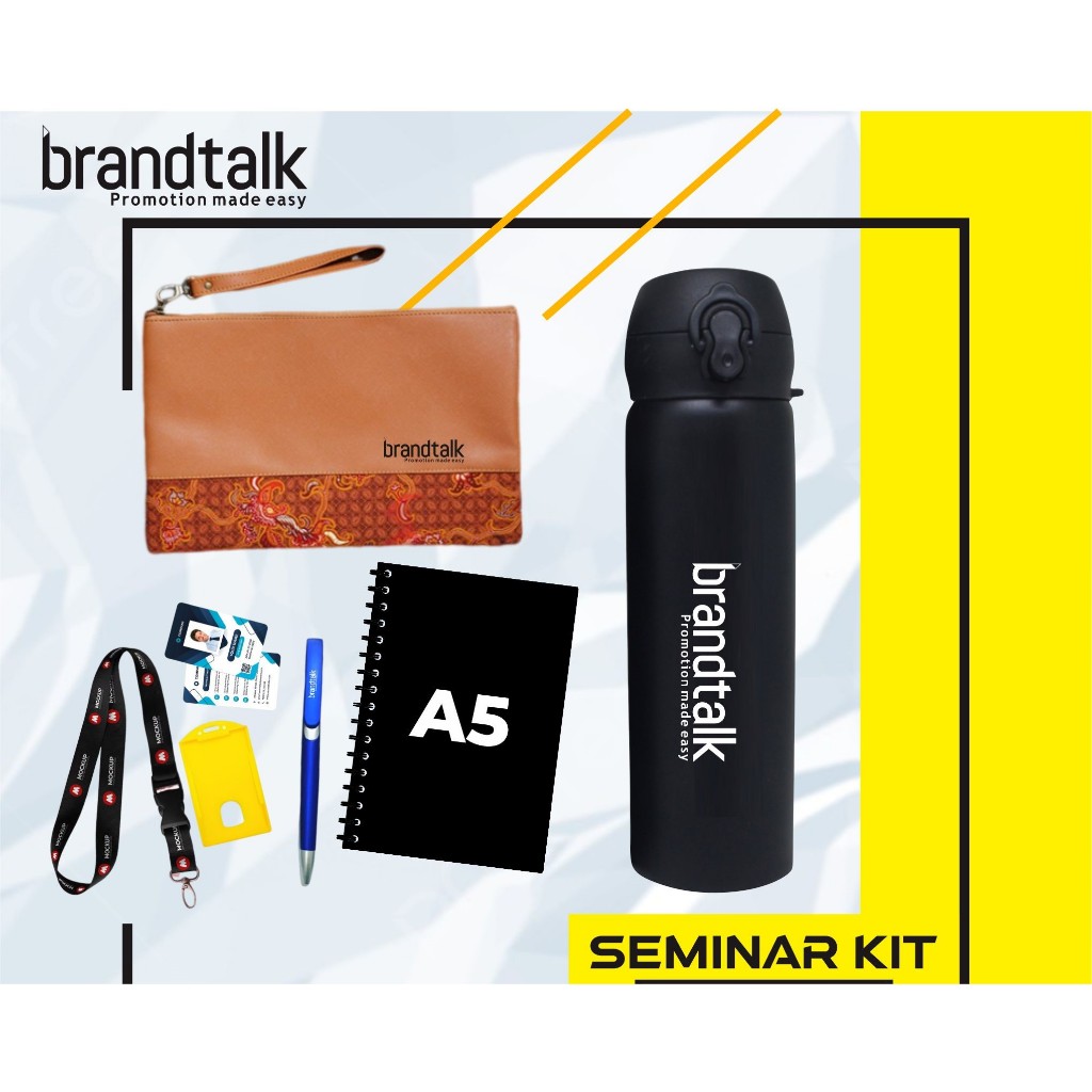 

Pouch Kombinasi Imitasi, Tumbler, Pulpen, Notebook Hardcover A5, Paket Lanyard ID Card - Paket Seminar Kit Custom - SS 15