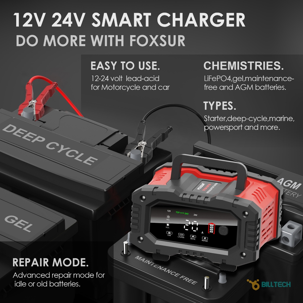FOXSUR Charger Baterai Aki Mobil Motor Portable 20A 300W 12/24V