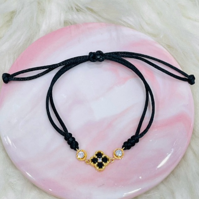 gelang tali gelang clover AD hitam simple elegant emas asli kadar 700