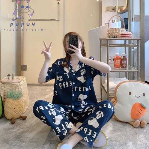 Pupuy Piyama Premium Snoopy Baju Tidur Wanita Piyama Set Wanita Dewasa CP Motif Kancing Lengan Pende
