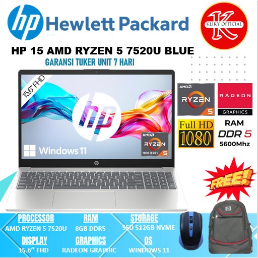 Laptop Tipis Spek Gaming HP 15 AMD RYZEN 5 7520U 8GB DDR5 SSD 512GB Moon Light