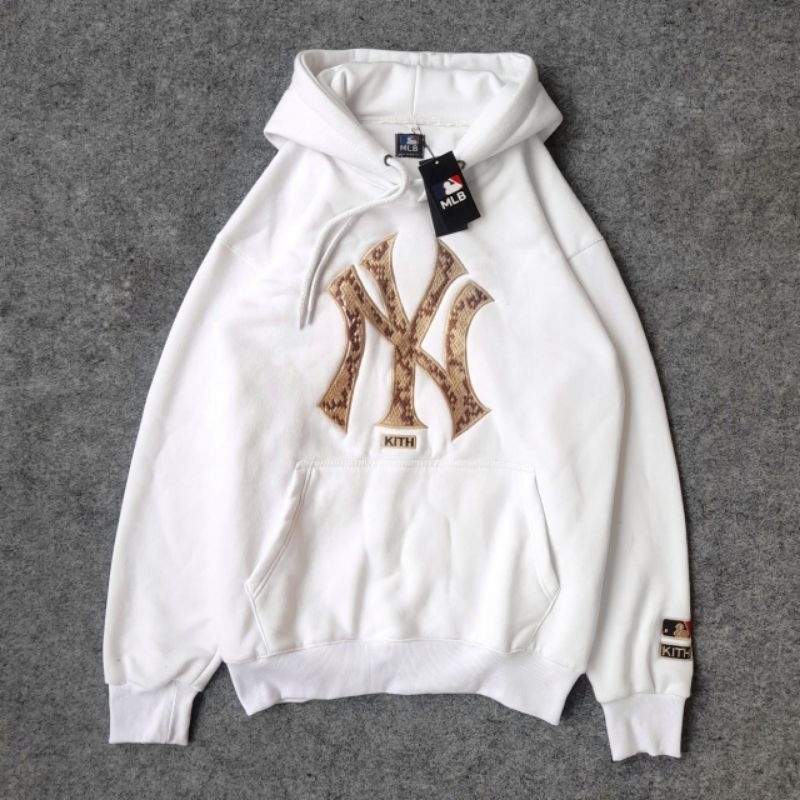 HOODIE LOGO NY BORDIR - JAKET SWEATER HOODIE HYPEBEAST MLB NEW YORK YANKEES AUTHENTIC PREMIUM PUTIH