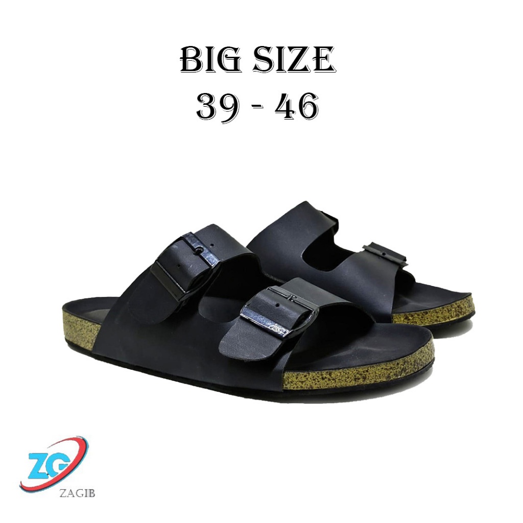 Sandal Selop Pria Wanita Kulit Asli Hitam Ukuran Besar Jumbo 39-46 / Sendal Casual Cowok Big Size