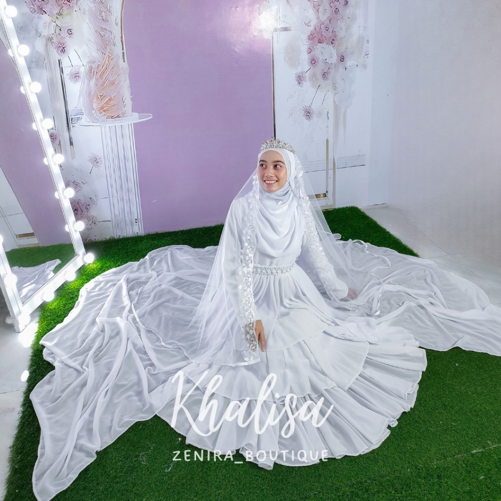 Set Wedding Dress Khalisa Gaun Pengantin Muslimah Syari Model Rempel Simple Elegant Putih