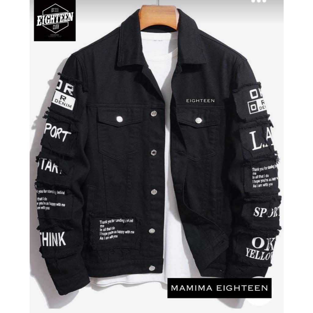 Eighteen Jaket denim pria jaket jeans distro kasual emblem bordir kasual terlaris