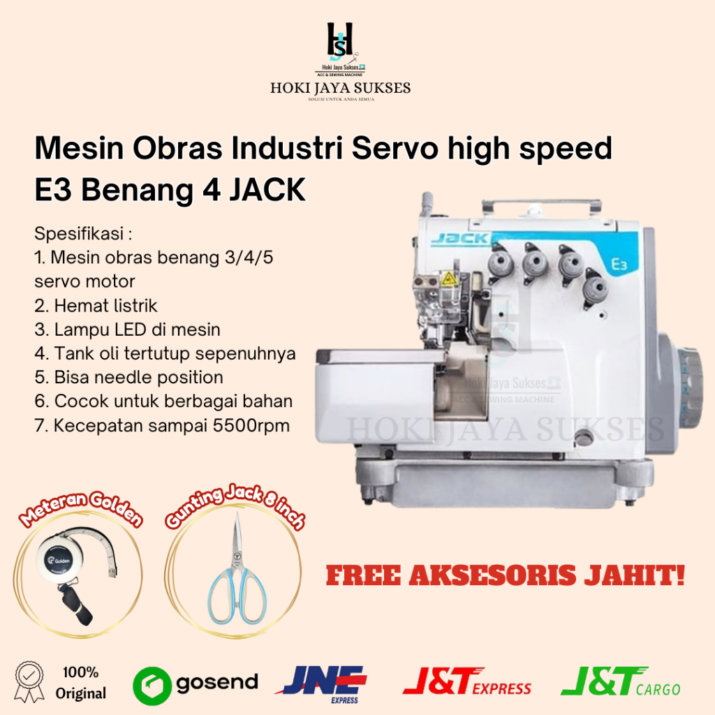 Mesin Obras Industri Servo high speed E3 Benang 4 JACK + Meja Kaki