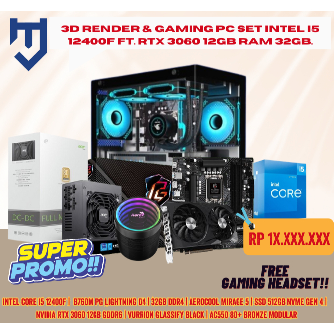 3D Render & Gaming PC Set Intel I5 12400F Ft. RTX 3060 12GB RAM 32GB.