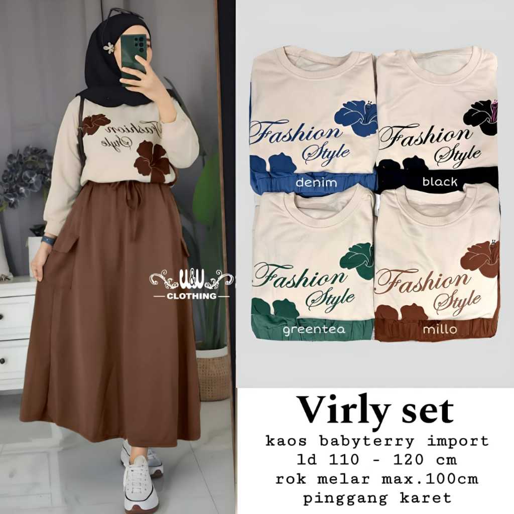 VIRLY SET SETELAN ROK CARGO WANITA KEKINIAN BABY TERRY IMPORT ONE SET BIG SIZE JUMBO LD 120