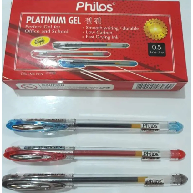 

( 12 Pcs ) Pena Gel Pen Philos Platinum Gel Hitam ~ Merah ~ Biru ( Lusin ) Bonus 3 Refill